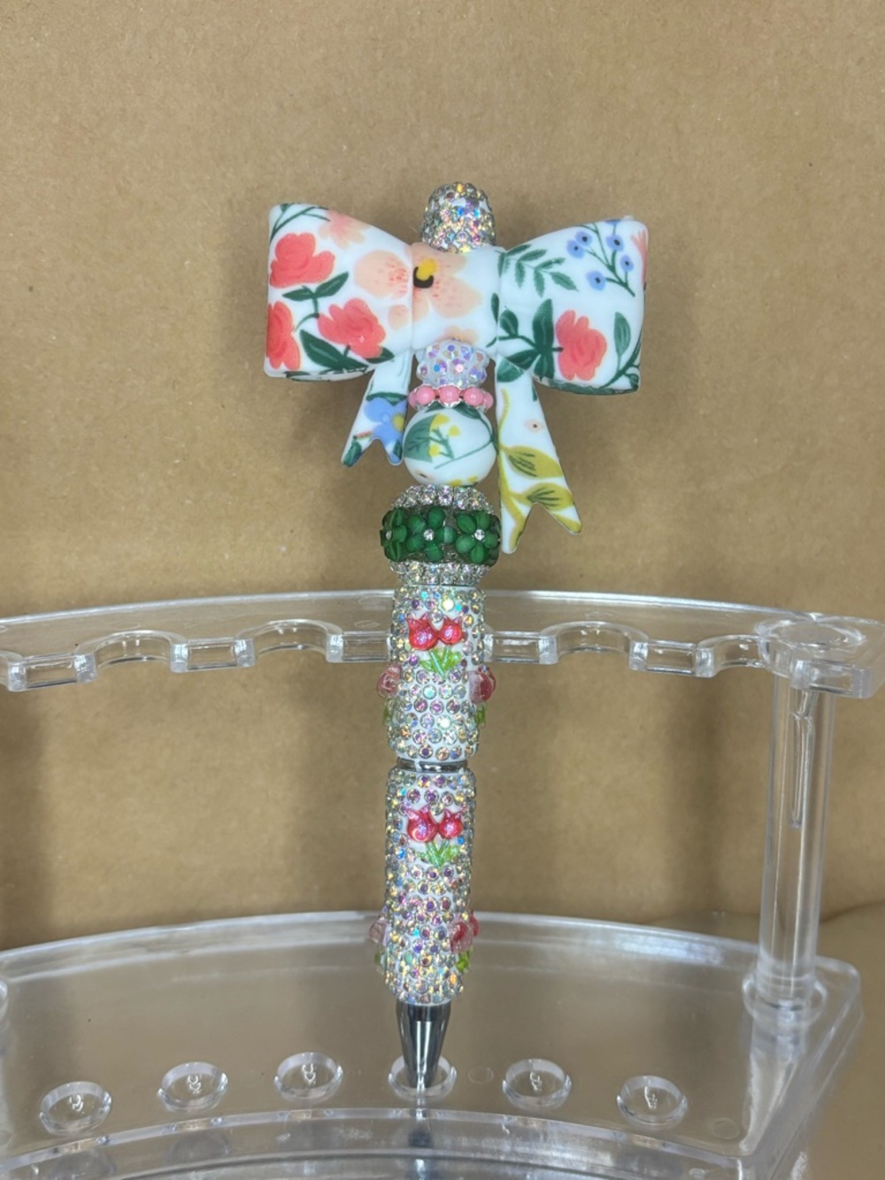 Floral Bow Jeweled Rhinestone Pen - White, Pink, Green